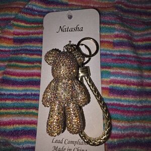 Natasha Couture Gold Multicolor Crystal Teddy Keychain/Bag Charm